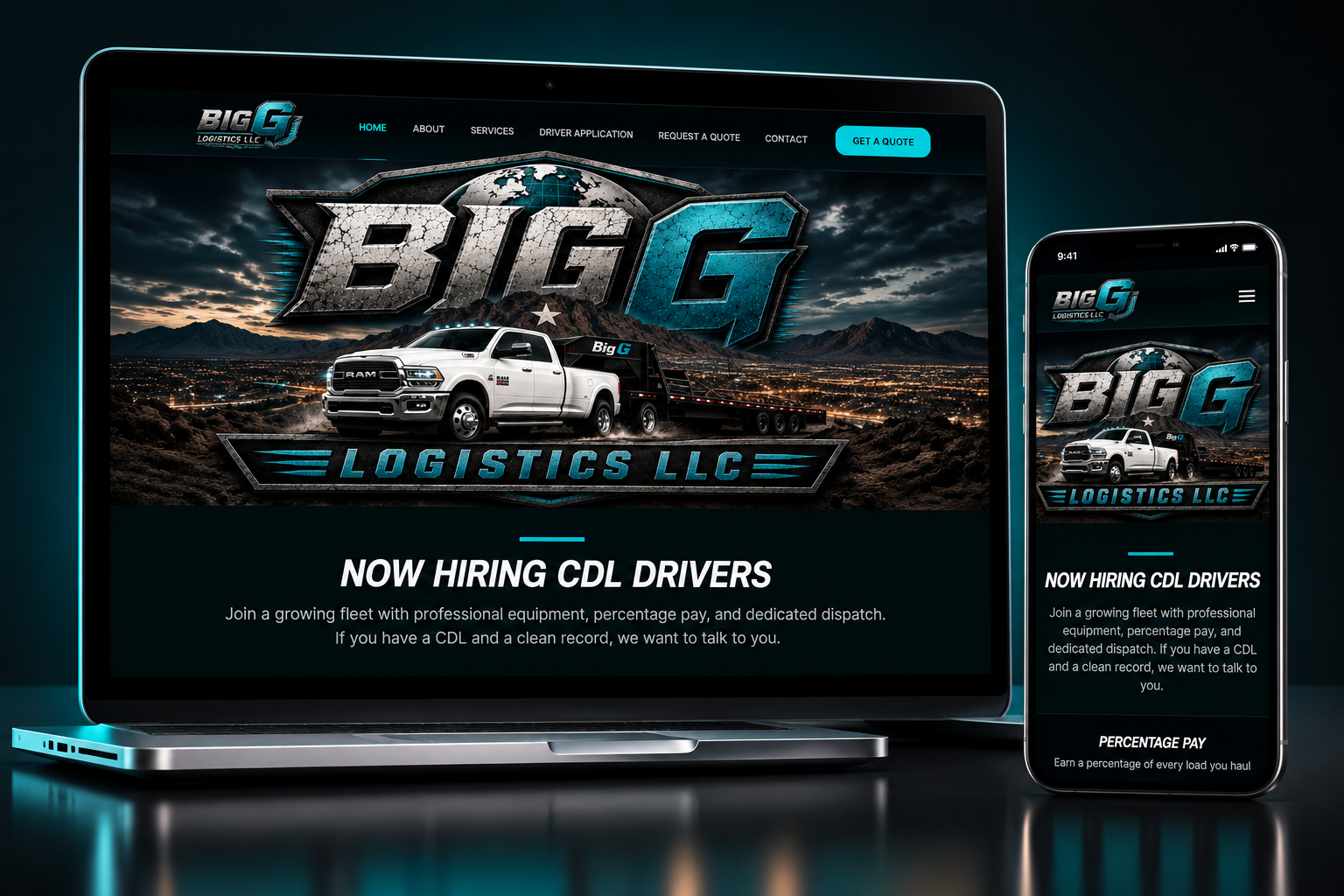 Big G Logistics LLC website shown on a desktop and a phone